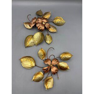 Vtg Brass Copper Tone Metal Dogwood Flower Leaves Wall Hanging